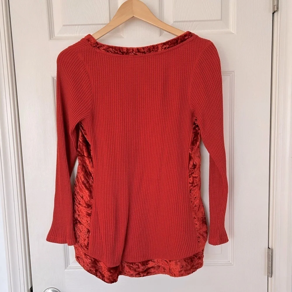 Soft Surroundings Waffle Knit Velvet Trim Burnt Orange Long Sleeve Top - Picture 5 of 7